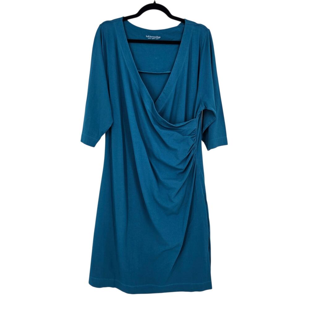 Soft Surroundings Blue Wear Anywhere Faux Wrap Cotton Jersey Dress Plus Size 1X